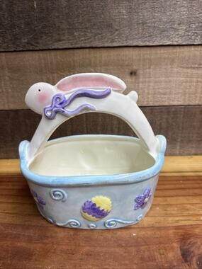 Ceramic Bunny Easter Basket Candy Dish In Box